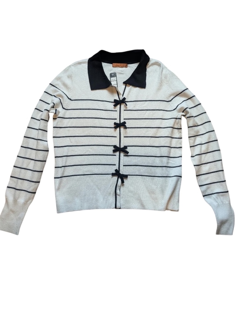 Belldini Ivory & Black Striped Bow-Front Collar Cardigan